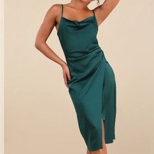 Lulu's Hollywood Woman Forest Green Satin Midi Dress